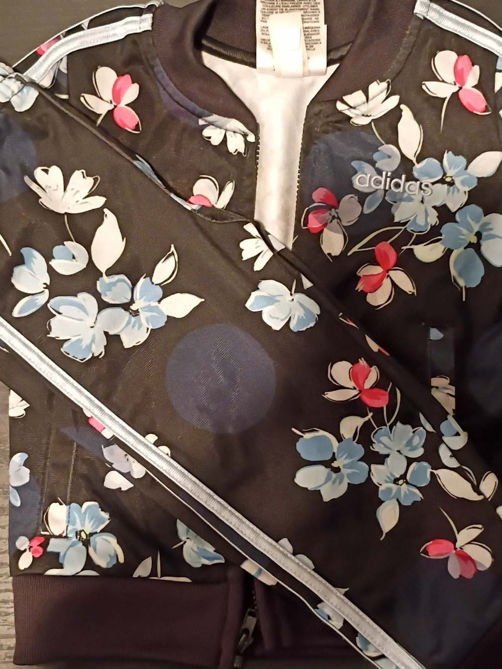 adidas Black Floral Bomber Jacket with Blue and Pink Accents